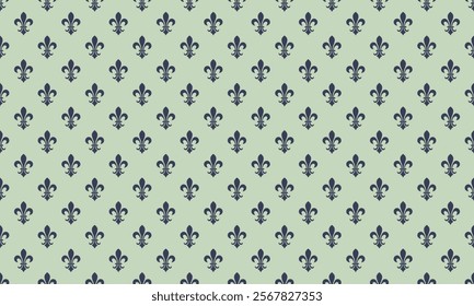 Elegant fleur-de-lis pattern in navy blue on a soft sage green background.  Perfect for  wallpapers, textile designs, and website backgrounds.  Classic and sophisticated style.