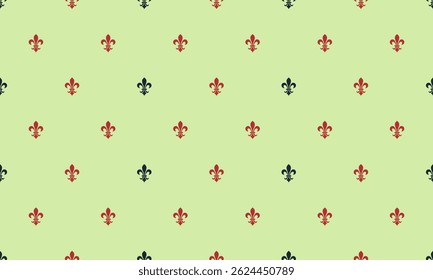 Elegant fleurdelis pattern in red and black on a pale green background.  Perfect for textiles, wallpaper, or website design, this repeating motif evokes classic style and sophistication.