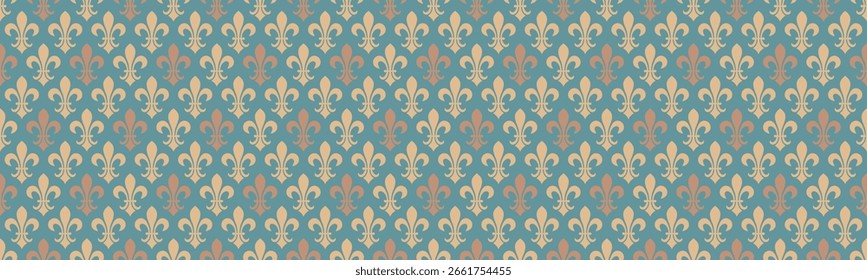 Elegant fleurdelis pattern in soft pastel hues on a teal background.  Perfect for website design, textile prints, or luxurious branding.