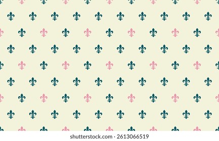 Elegant fleurdelis pattern in teal and pink on a cream background.  Perfect for website backgrounds, stationery, textiles, and more.