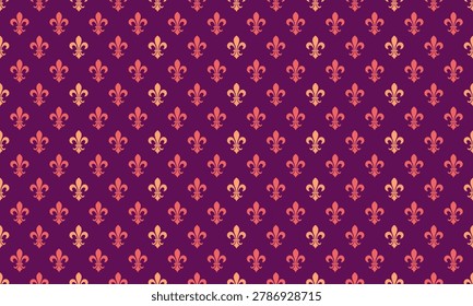 Elegant fleurdelis pattern in warm coral and peach hues on a deep purple background.  Perfect for adding a touch of regal sophistication to websites, invitations, or textile designs.