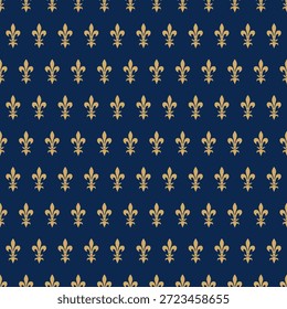 Elegante patrón sin costuras de flor de lis. Símbolos de lirio real de oro sobre fondo azul marino. Ornamento textil vintage de lujo.