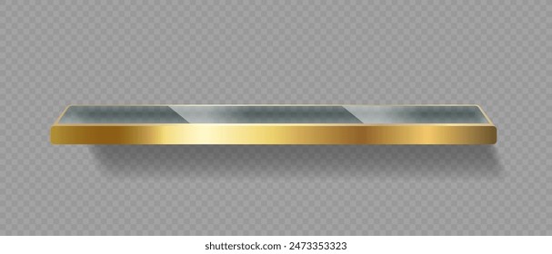 Elegant Floating Glass Shelf With Golden Frame Isolated On Transparent Background. Stylish And Modern Design Element, 3d