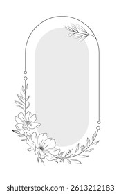 Elegant floral arch frame with hand-drawn flowers and leaves, outlined in black on a white background, perfect for wedding or invitation design. Vector illustration