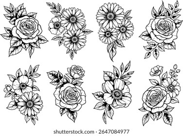 Elegant floral arrangement designs for botanical illustrations and artistic projects featuring roses, daisies, and various species of flowers.