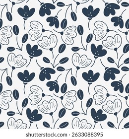Elegant Floral Arrangement in Navy and White. Indigo Petals Repeat. Minimalist Blue Floral Garden. Botanical Doodle Sketch Seamless Pattern.