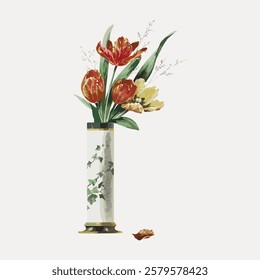 Elegant floral arrangement with vibrant red and yellow tulips in a tall vase. Tulips and vase create a striking centerpiece. Tulips and leaves add natural beauty. Vintage flower illustration, vector.