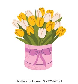 Elegant floral arrangement with yellow and white tulips in a pink gift box. Perfect for spring celebrations, Mother's Day, or romantic occasions. Flat vector illustration isolated on white background