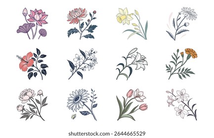 Elegant floral arrangements of twelve botanical flower illustrations with lotus hibiscus chrysanthemum daffodil daisy jasmine lily marigold peony sunflower tulip and orchid