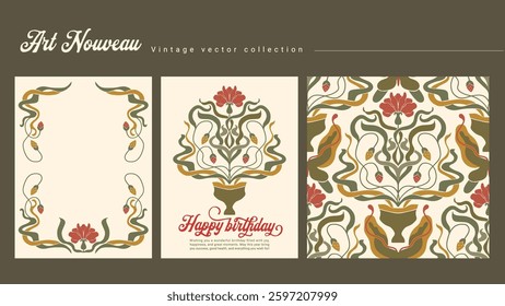 Elegant Floral Art Nouveau Frame Seamless Vintage Pattern and Greeting Birthday Card Ornate Folk Motif Vector Set Contemporary Art