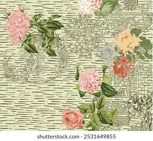 Elegant Floral Art with Rich Textures, Ideal for High-Quality Fabric and Paper Printing.