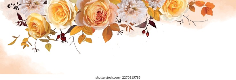 Elegant, floral autumn site banner. Vector fall watercolor yellow peach rose flowers, cream dahlia, burgundy red eucalyptus leaves branches, berry bouquet illustration. Editable frame, border template