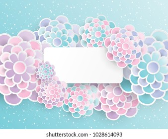 Elegant floral background with 3d paper flowers and  place for text. Spring floral greeting card. Origami trendy design template. Paper cut spring flower holiday texture in pastel colors. 