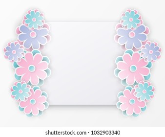 Elegant floral background with 3d paper flowers and place for text. Origami trendy design template. Paper cut spring flower holiday texture. 