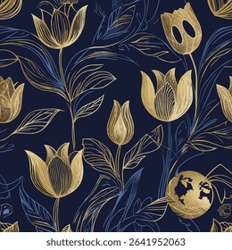 Elegant floral background with beautiful golden flower pattern, luxury marble texture. 