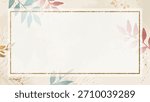Elegant floral background with a beige background, featuring pastel leaves and a gold border. Soft beige texture bg. Christmas background. Background for Christmas.