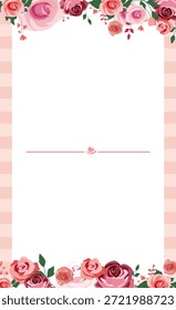 Elegante fondo floral con racimos de rosas rosas y hojas verdes en un patrón de rayas de color rosa claro con un divisor de rosa central o línea Horizontal para la papelería de boda