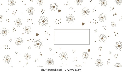Elegante fondo floral con delicadas margaritas, corazones Pequeños y puntos con un marco central rectangular para texto personalizado o tarjetas de nombre.