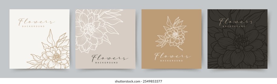 Elegante fondo floral con flores de dalia dibujadas a mano. Plantillas de diseño de Vector para invitación de boda, tarjeta, cartel, tarjeta de visita, folleto, publicación de redes sociales, Anuncio, etiqueta, embalaje