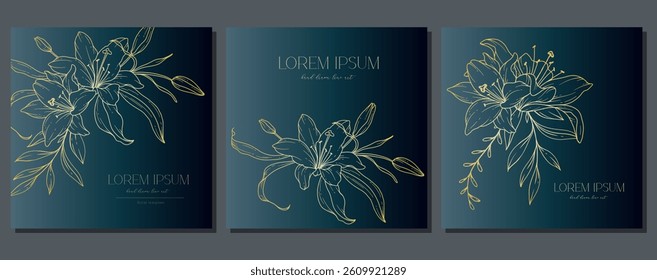 Elegant Floral Background. Hand Drawn Lily Outline. Lily Line Drawing. Minimalist Botanical Background with trendy flowers. Luxury Floral design template for cards, posters, invitations, social media