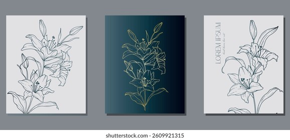Elegant Floral Background. Hand Drawn Lily Outline. Lily Line Drawing. Minimalist Botanical Background with trendy flowers. Luxury Floral design template for cards, posters, invitations, social media