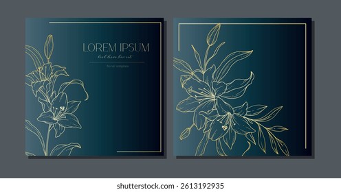 Elegant Floral Background. Hand Drawn Lily Outline. Lily Line Drawing. Minimalist Botanical Background with trendy flowers. Luxury Floral design template for cards, posters, invitations, social media