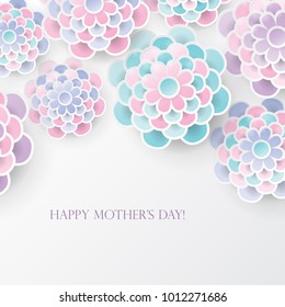 Elegant floral background with paper flowers and  place for text. Spring floral greeting card.  Paper cut spring flower holiday texture in pastel colors. Happy Mother's Day, 8 march. Vector