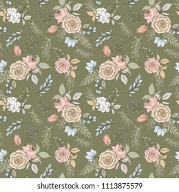 Elegant floral background seamless pattern. Beautiful flowers in pastel colors. Hand drawn illustration