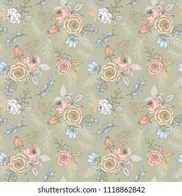 Elegant floral background seamless pattern. Beautiful flowers in pastel colors. Hand drawn illustration