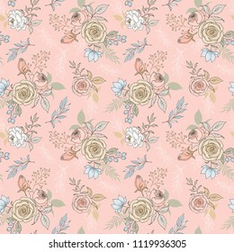Elegant floral background seamless pattern. Beautiful flowers in pastel colors. Hand drawn illustration