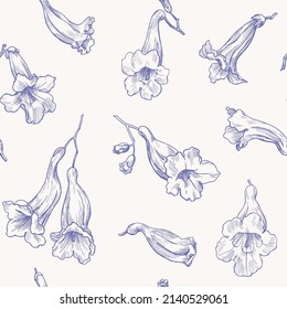 Elegant floral background Seamless vector pattern of jacaranda flowers. Purple elements on white . Hand drawn illustration for design packaging, textile, wallpaper, fabric