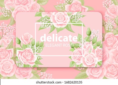 Elegant floral background template with cream pink roses for your card, flyer, invitation. Pink rose blossoms vector layout