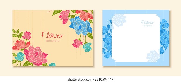 Elegant floral background template set with blue and pink peony flowers.