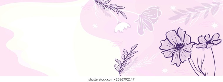 Elegant floral banner with pink flowers. Hand drawn botanical contour background for invitations, social media and web design. Pastel aesthetic with abstract organic shapes and gentle lines.