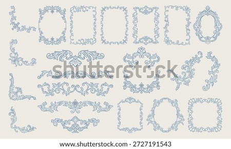 Elegant floral Baroque frames, corners, dividers in blue tones. Hand-drawn vector design with elegant and royal ornaments . Perfect for invitations, wedding monogram, logos, and classic prints