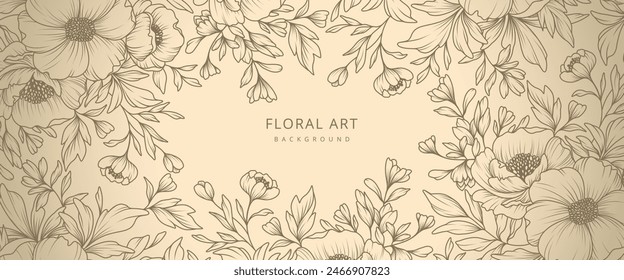 Elegant Floral beige background with hand drawn vintage pattern of flowers and leaves. Vector design for card, wall poster, flyer, banner, wedding invitation, print, cover, wallpaper