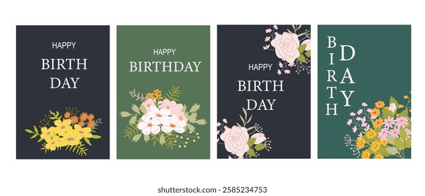 Elegant floral birthday cards set with colorful bouquets and roses.