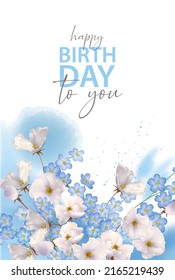 Elegant floral birthday or wedding background. White and blue realistic flowers on a painted background