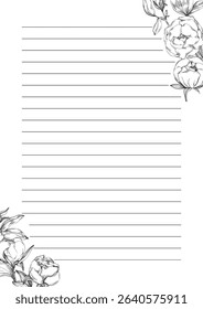 Elegant floral blank template with botanical frame – printable decorative sheet with delicate flowers and leaves, perfect for invitations, greeting cards, menu design, wedding stationery, or notes