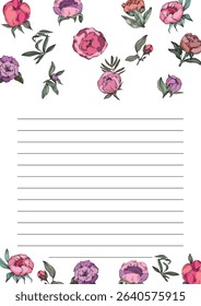 Elegant floral blank template with botanical frame – printable decorative sheet with delicate flowers and leaves, perfect for invitations, greeting cards, menu design, wedding stationery, or notes