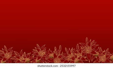 Elegant floral border design featuring gold line art flowers against a rich red gradient background. Ideal for invitations, banners, packaging, textiles, and other decorative projects.
