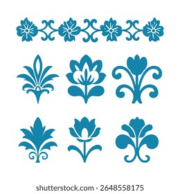 Elegant Floral Border and Motif Set Design Elements, Decorative scroll pattern set, Ornate Swirls, Flourishes, and Flowers, Vector Illustration