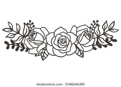 Elegante borde floral con rosas, elemento de diseño de línea de ramo de flores de rosa. Ilustración vectorial en blanco y negro.