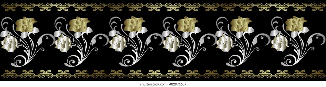 Elegant floral border vector seamless pattern background wallpaper, illustration with vintage stylish beautiful gold and silver  outline decorative roses and ornaments on the black background.