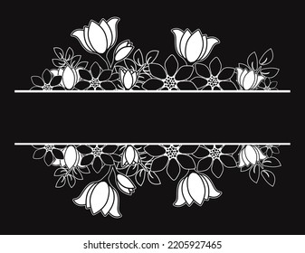 Elegant Floral Border For Weddings, Greeting Card, Invitations Or Banner.  White Floral Banner With Hand Drawn Flowers Isolated On Black Background.