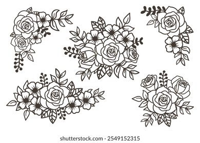 Elegante conjunto de diseño de ramo floral con rosas y hojas - Arte vectorial