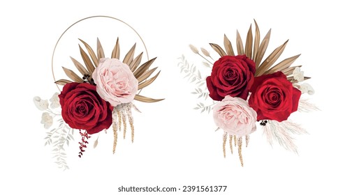 Elegant floral bouquet element. Red, light pink English roses, astilbe, dry palm leaves, lagurus, white leaves branch bouquet, composition. Editable, watercolor illustration, isolated white background