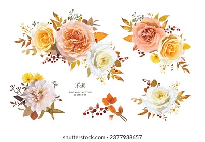 Elegant, floral bouquet. Fall watercolor flowers. Peach, yellow, white roses, cream dahlia, red berry, autumn leaves. Editable, vector illustration. Thanksgiving, wedding invite, greeting elements set