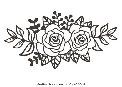 Ramo floral elegante con las rosas, Clipart rústico del arreglo floral, Ilustración vectorial.