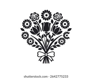 Elegant floral bouquet silhouette, featuring roses, tulips, and daisies, tied with a ribbon.  The distinctive style is a minimalist, black and white silhouette.